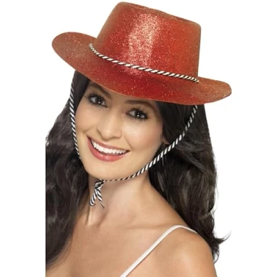 Image of Smiffys Cowboy Glitter Hat, Red with Cord, Cowboys and Indians Fancy Dress, Dress Up Hats