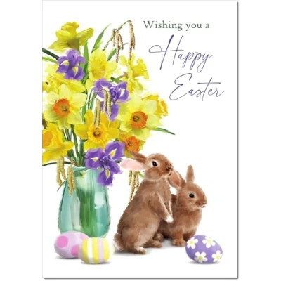 Image of doodlecards Easter Card Vase of Daffodils with Bunnies and Eggs Medium Size Plain Envelope