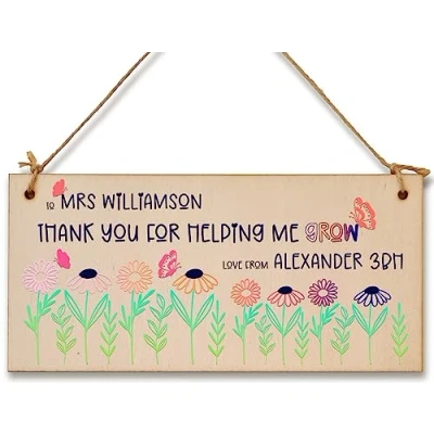 Image of Personalised Thank You For Helping Me Grow Handmade Wooden Hanging Plaque Gift Teacher Teaching Assistant End of Term