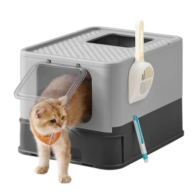 Image of Feandrea Hidden Cat Litter Box, Tray with Hood, Slide Out Tray, Scoop, Brush, Spacious for Large Cats, Max. Load 15 kg, Anti Tracking, Leaking, Charcoal Grey and Dove PPT001B01