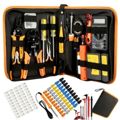 Image of LEATBUY Crimper Set CAT5 CAT6 RJ45 Crimp Tool Kit Cat5e Crimping Tool, 50PCS Connectors, Covers, Network LAN Cable Tester, Ethernet Wire Stripper Punch Down Cutter(Orange)