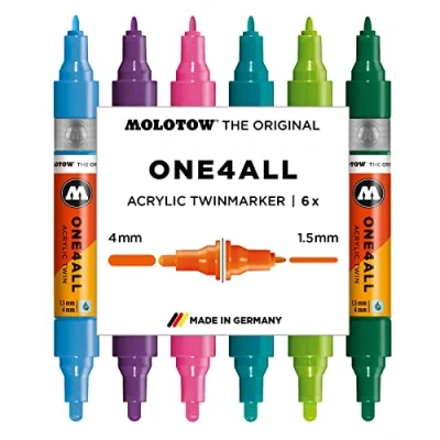 Image of Molotow One4All Acrylic Twin Marker Basic Set 2 (Line Width 1.5 mm and 4.0 mm, High Coverage Permanent, UV Resistant, for Almost All Surfaces) Pack of 6 Assorted
