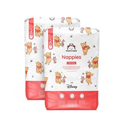 Image of Amazon Brand Mama Bear Disney Ultra Dry Nappies, Size 2 (3 6 kg), 168 Count (2 Packs of 84), White, Monthly Pack
