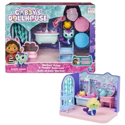 Image of Gabby’s Dollhouse, Primp and Pamper Bathroom with MerCat Figure, 3 Accessories, Furniture Pieces 2 Deliveries, Kids’ Toys for Ages above
