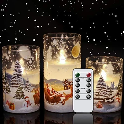 Image of Eldnacele Glass Flickering Flameless Santa Claus Candles with Remote Timer Battery Operated Led Pillar 3 Pack, Sleigh Pattern Real Wax for Christmas Home Decoration