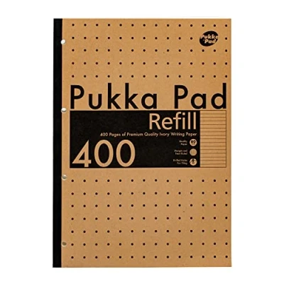 Image of Pukka Pad, Kraft A4 Refill Notepad 400 Ivory Pages with 8mm Lines Gluebound 4 Holepunch 5 Pack