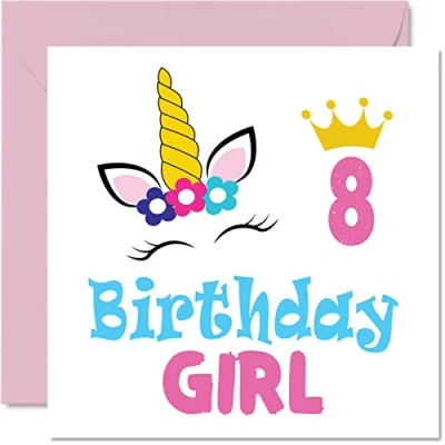 Image of 8th Birthday Card Girl Unicorn Happy 8 Year Old Girl, Girls Cards for Her, 145mm x Greeting Daughter Niece Granddaughter Kid Children