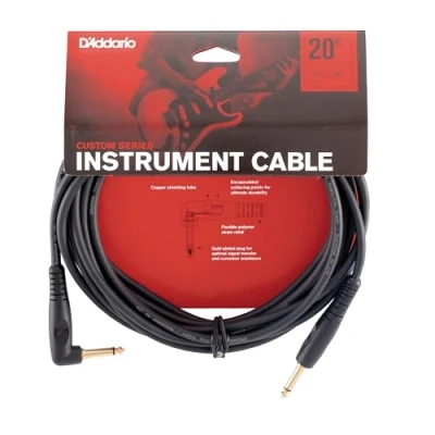 Image of D’Addario Accessories Custom Series Guitar Cables Instrument Cable with ¼ Inch Ends High Performance Cord For Guitars, Bass, Keyboards Mono Right Angle, 20 feet