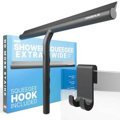 Image of Minismus Shower Squeegee With Hook Cleaner Tool Silicone for Doors Screen Wiper Blade Bathroom Scraper (Black, 13&#039;&#039;)
