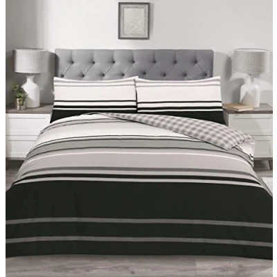 Image of Charlotte Andersen Cambridge Black Grey Stripe King Size Duvet Cover, Easy Care Soft Poly Cotton Reversible Bedding Set (King)