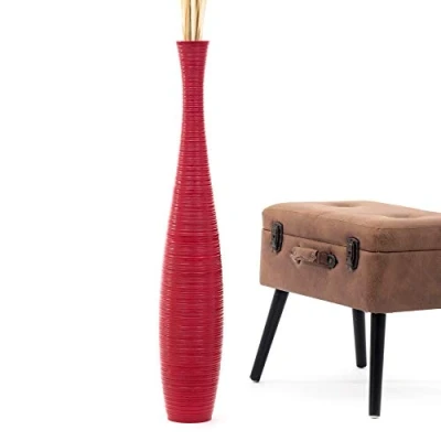 Image of Leewadee Large Red Home Decor Floor Vase Wooden 90 cm Tall Farmhouse Flower Holder For Fake Plant And Pampas Grass
