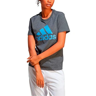 Image of adidas Women&#039;s Essentials Logo Tee, Dark Grey Heather/Blue Fusion, XS