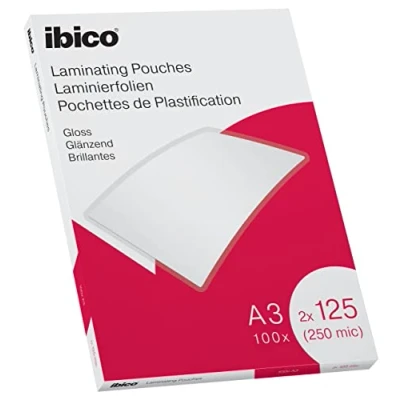 Image of Ibico A3 Laminating Pouches, 250 Micron (2x125), High Document Protection &amp; Durability, Pack of 100, Gloss Finish, Crystal Clear, 627321