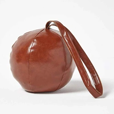 Image of HOMESCAPES Brown Faux Leather Ball Door Stop Distressed Fabric Heavyweight Stopper with Handle