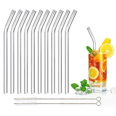 Image of DONQL 10 Pcs Glass Straws Reusable Straw Drinking with 20cm Length Eco Friendly 2 Cleaning Brushes Transparent Clear Perfect for Milk Coffee Coctail (Curved)
