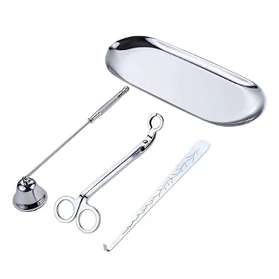 Image of Hsthe Sea 4 Pcs Candle Tools Accessory Set,Kandle Wick Trimmer, Dipper, Snuffer and Dipper Storage Tray Plate (Silver)