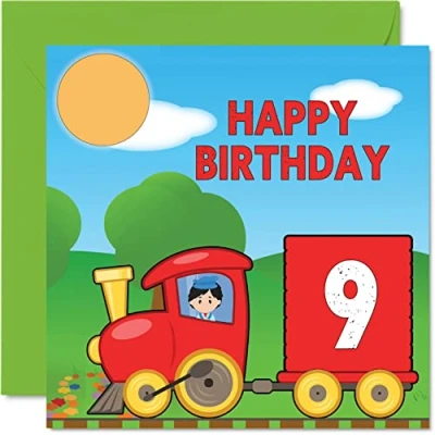 Image of 9th Birthday Card Unisex Train Happy for 9 Year Old Son Daughter Brother Sister Grandson Granddaughter Niece Nephew Cousin, 145mm x Greeting