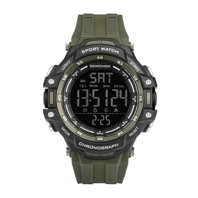 Image of Sekonda Crossfell Digital Men&#039;s 53mm Quartz Watch in Black LCD with 100 Year Calendar Display, and Khaki Green Plastic Strap 30165
