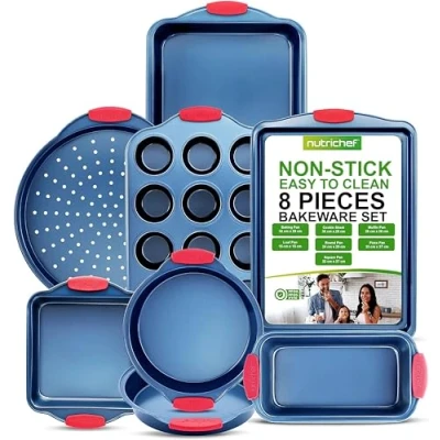 Image of Kitchen Oven Baking Pans Deluxe Nonstick Blue Coating Inside &amp; Outside Carbon Steel Bakeware Set with Red Silicone Handles, Durable Reliable Cookie Sheet Pan Style