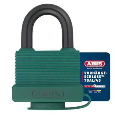 Image of Padlock 70AL/45 made of solid aluminium weatherproof with protective cap and plastic coating ABUS security level 5 green