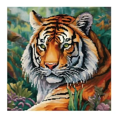 Image of Xinpinzhou Tiger 11ct Cross Stitch, 11 Count Counted Stamped Pre Printed Stitch Embroidery Kits for Adults Beginners Starter Advanced Easy Crossstitch Animal Patterns Set Wall Decor 36x36 CM