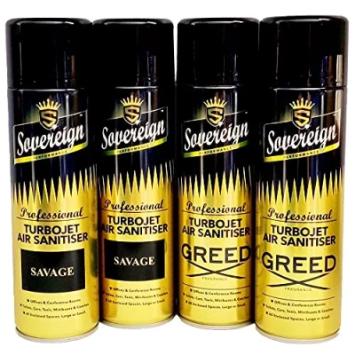 Image of Savage &amp; Greed Bundle Sovereign Car Home Turbojet Air Freshener Sanitiser Spray Blast Can 4 Pack