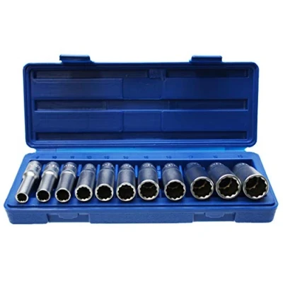 Image of &#039;Long 12 Point Spline Socket Key Set 3/8 Hex Bit 8 19 mm Chrome Vanadium Steel 11 Pieces