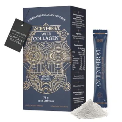 Image of Ancient + Brave Wild Collagen Powder Sachets 15 x 5g Pure Hydrolyzed Marine Peptides Supplement (Fish) for Women High Protein Beauty, Skin Halal &amp; Kosher Certified