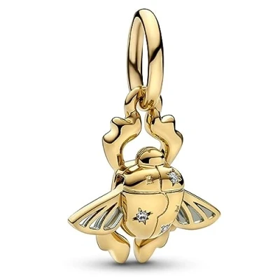 Image of Pandora Disney Aladdin beetle 14k gold plated dangle with clear cubic zirconia and transparent aquatic blue enamel