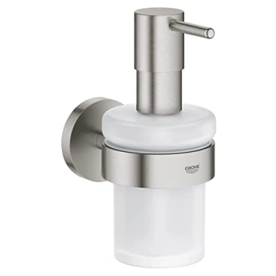 Image of GROHE Start QuickFix Soap Dispenser with Holder (Metal &amp; Glass, Filling Quantity 160 ml, Concealed Fastening, Including Screws and Dowels, Easy to Fit QuickGlue), Stainless Steel, 41195DC0