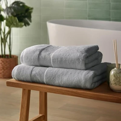 Image of Silentnight Luxury Cotton 2x Hand Towel Luxuriously Soft &amp; Super Absorbent Deep Pile 100% BCI Textured Waffle Border 90 x 50cm Machine Washable, Grey, 2 Pack
