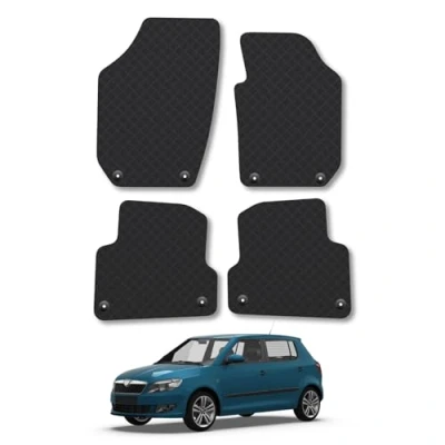 Image of Rubber Car Mats Compatible with Skoda Fabia (2007 2014) [8 Clip] Tailored Fit Floor Set Accessory Black Custom 4 Pieces Clips Anti Slip Backing, Heavy Duty &amp; Waterproof