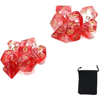 Image of DollaTek Transparent Polyhedral dice Set Table Games 2 Sets x 7 (14 Pieces) Die Series D20 D12 D10 D8 D6 D4 DND RPG MTG Double Colors One Piece (Red)