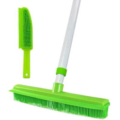Image of Rubber Broom and Pet Hair Brush Set, Telescopic Long Handle Soft Push Broom, Fur Remover with Squeegee, Removal Use for Carpet, Cat Dog