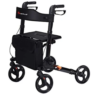 Image of COSTWAY Lightweight Folding Rollator Walker with Seat, Dual Safety Brake, Adjustable Height, 4 Wheels Mobility Aids Cane/Umbrella Holder &amp; Removable Storage Bag (Black)
