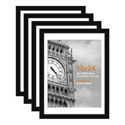 Image of HoziRes 24 x 18 Inch Picture Frame, Wooden Photo Frames with Mount in Black, Set of 4 Frame for Tabletop and Wall Mounting, 45 60cm Poster Printing, Portrait, Landscape