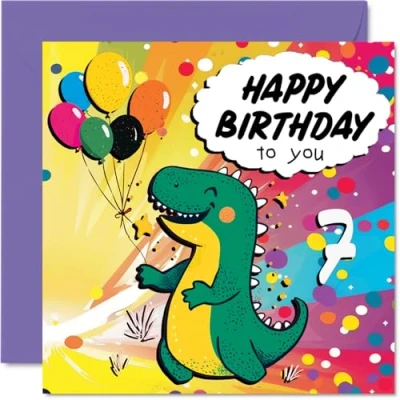 Image of 7th Birthday Card Boy Roarsome Dinosaur Party for 7 Year Old Boy, Age Boys Cards Seventh Card, 145mm x Cute Greeting