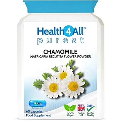 Image of Chamomile 375mg 60 Capsules (V) .(not Tablets) Purest no additives, Vegan for Anxiety, Stress, Sleep and Digestive Health. Made in The UK by Health4All