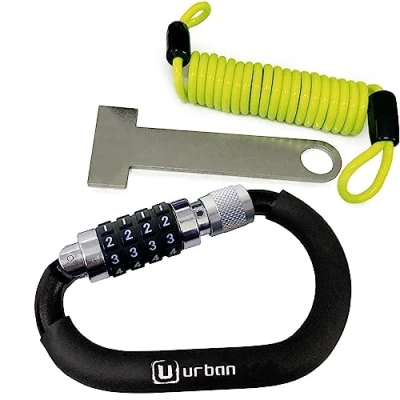 Image of Urban UR140 Motorcycle Helmet Lock, Carabiner with Safer 4 Digit Code, T Buckle Adapter, More Visible Braided Steel Security Cable, Universal Anti Theft Accessory for and Bicycle Helmets