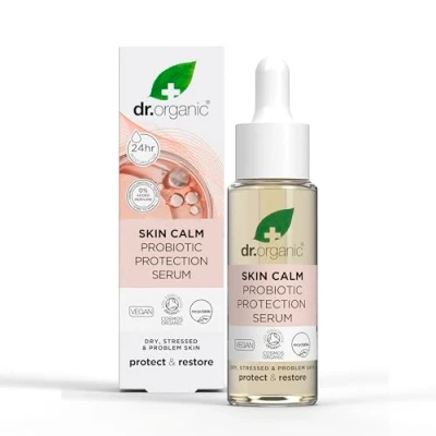 Image of Dr Organic Skin Calm Probiotic Protection Serum, For Redness, Dry, Sensitive &amp; Irritable Skin, 24hr Moisture, Dermatologically Tested, Vegan, Cruelty Free, Paraben SLS Certified Organic,30ml