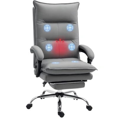 Image of Vinsetto Massage Office Chair with Footrest, Desk 6 Point and Heat, 155 Reclining Back for Home, Thick Padding, Grey