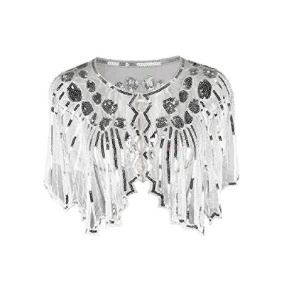 Image of Grouptap 1920s silver white gatsby shawl bolero sequin cape shrug wrap for women ladies flapper art deco vintage dress costume (White, One Size)