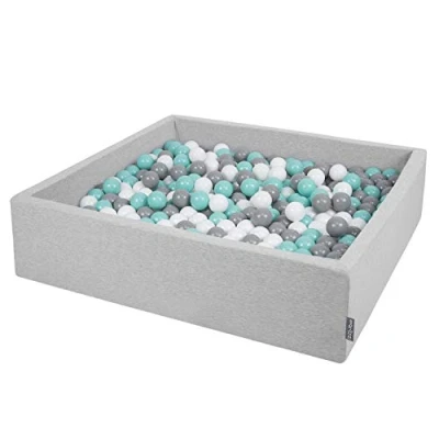 Image of KiddyMoon Soft Ball Pit Square 120X30cm/300 Balls ∅ 7Cm / 2.75In For Kids, Foam Pool Baby Playballs Children, Made In EU, Light Grey:White Grey Turquoise