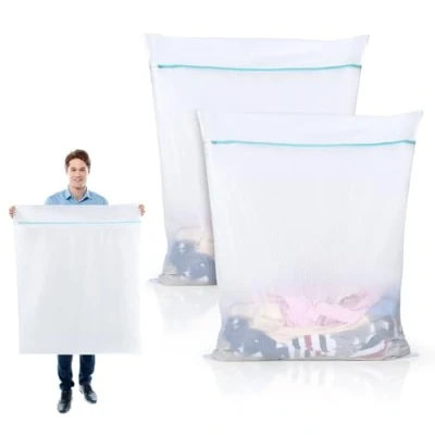 Image of OTraki Mesh Laundry Bag Extra Large 2 Pack 35 x 43 inch Fine Net Delicates Wash Zipped XXL Washing for Machine Wedding Dress Bedding Blanket Rug Sheet Quilt Curtain(Blue)