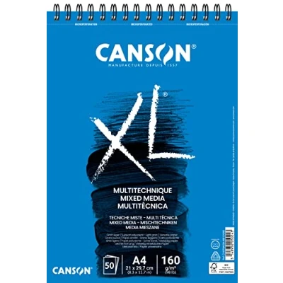 Image of CANSON XL Mixed Media 160gsm A4 Paper, Light Grain, Spiral Pad Short Side, 50 White Sheets, Ideal for Professional Artists &amp; Students