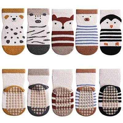 Image of FedMois 5 Pairs Baby Kids Anti slip Socks Cotton non skid Ankle Animals, Penguin, 3 Years