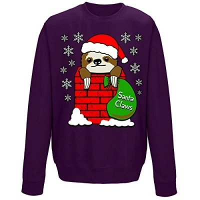 Image of Santa Claws Cute Sloth In Chimney Festive Christmas Kids Sweatshirt Purple 9 11 Years (L)