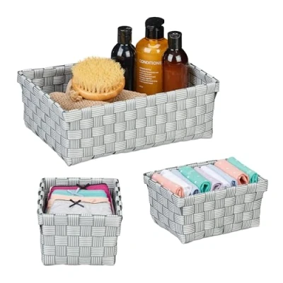Image of Relaxdays Storage Basket, Set of 3, Basket in 2 Sizes, Woven, Plastic, Metal Frame, Bathroom Baskets, Box, Grey