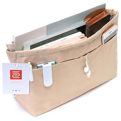 Image of iN. Purse Organizer Insert with zipper Nylon fabric for women Handbags &amp; Totebag beige Size: Large: 15.7&quot;(Top)/12.2&quot;(Bottom) L x 4.9&quot;W 10&quot;H