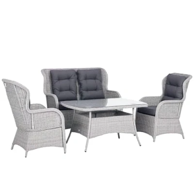 Image of Outsunny Garden PE Rattan Dining Sofa Set, Outdoor 4 Seater Wicker Furniture, High Back Chairs with Cushions, Tempered Glass Coffee Table for Patio, Mixed Grey